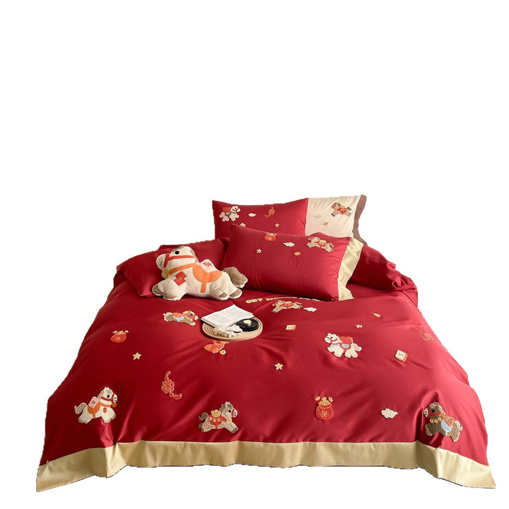 Embroidered Cotton Sateen Duvet Cover Set with Appliqué Horse Motifs and Reversible Border