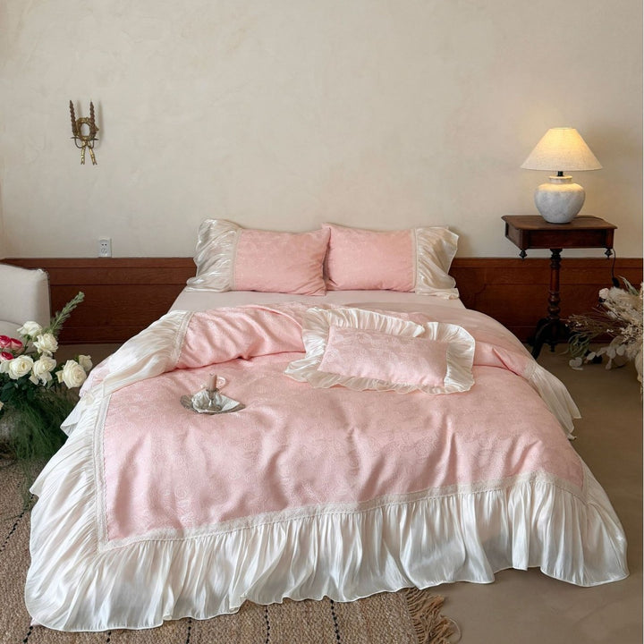 Romantic bedding set made of jacquard cotton with satin ruffle and decorative bed covering