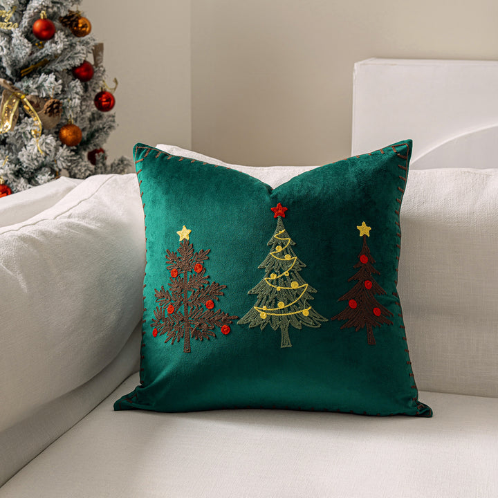Plush Velvet Square Accent Pillow Cover with Hand-Stitched Christmas Tree Embroidery and Blanket-Stitch Edge
