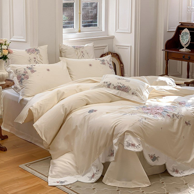 Floral Embroidered Cotton Duvet Cover Ensemble with Scalloped Border & Decorative Shams