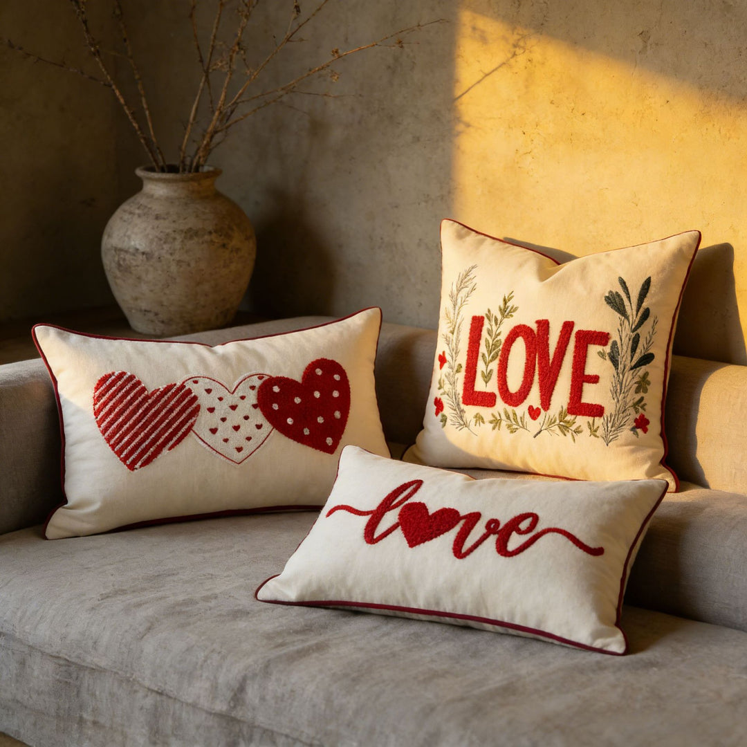 Embroidered Tufted LOVE Botanical Accent Pillow Cover