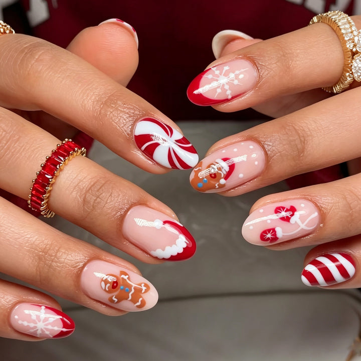 Festive Gingerbread and Holiday-Themed Press-On Nail Art Set Stornfield