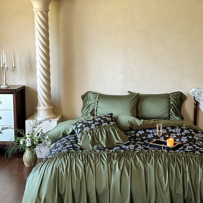 Ruffled Reversible Satin-Feel Duvet Cover Set with Floral Panel and Gathered Bed Skirt