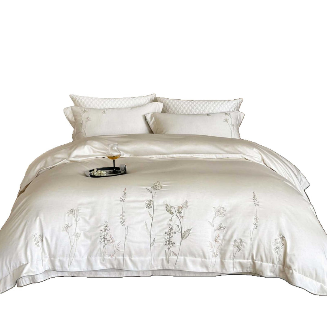 Reversible Botanical Line-Drawn Embroidered Cotton Sateen Duvet Cover Set with Hidden Closure
