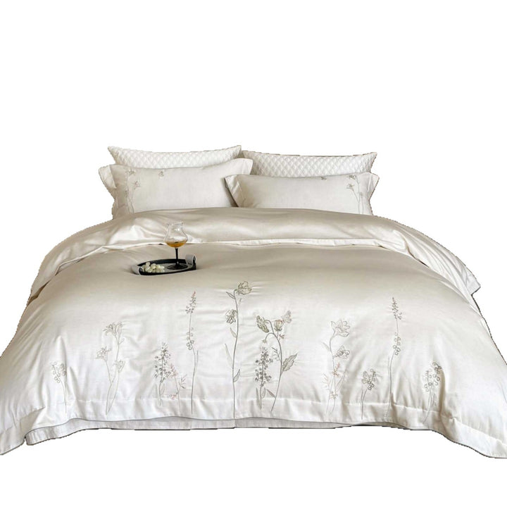 Reversible Botanical Line-Drawn Embroidered Cotton Sateen Duvet Cover Set with Hidden Closure