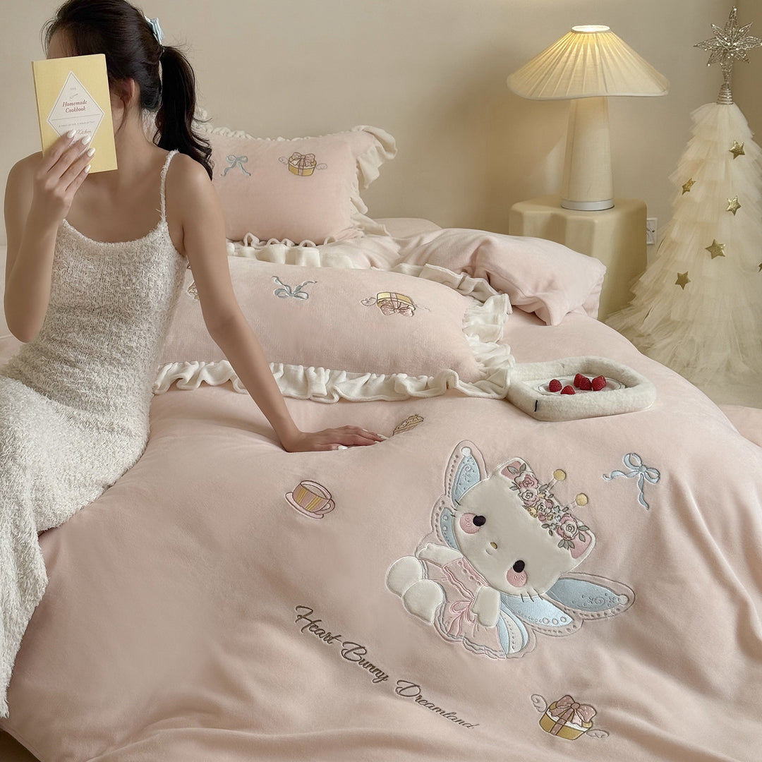 Princess Bunny Embroidered Ruffled Velvet Comforter Duvet Set