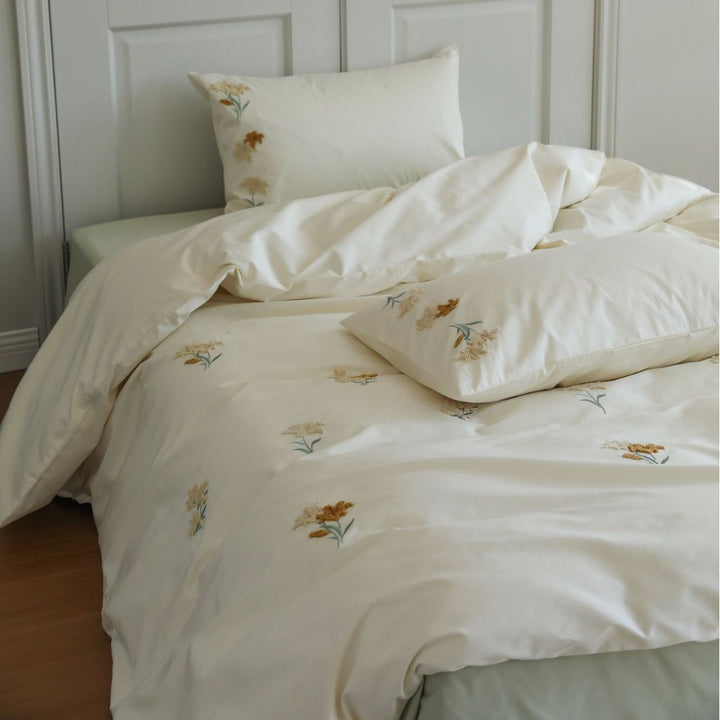 Embroidered Cotton Sateen Duvet Cover Set with Hidden Zipper and Corner Ties