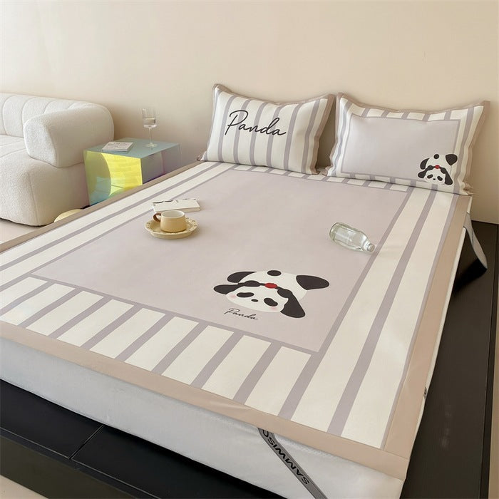 Fitted sheet with non-slip edging, cute panda print & striped border