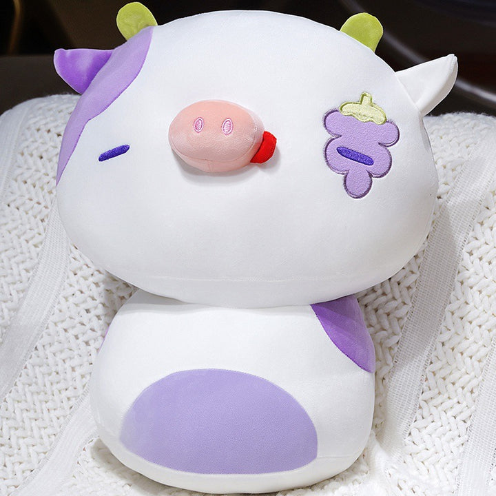 Plush Stacked Cow Cuddle Pillow with Embroidered Grape Motif & Weighted Bean-Core Stornfield