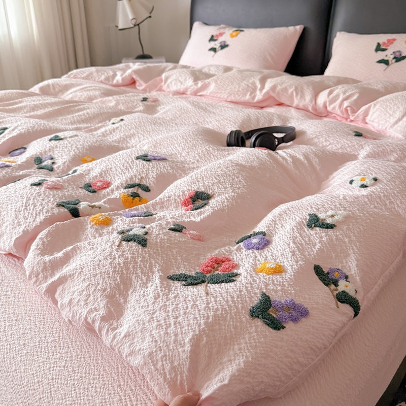 Textured Embroidered Floral Duvet Cover Set with Tufted Appliqué