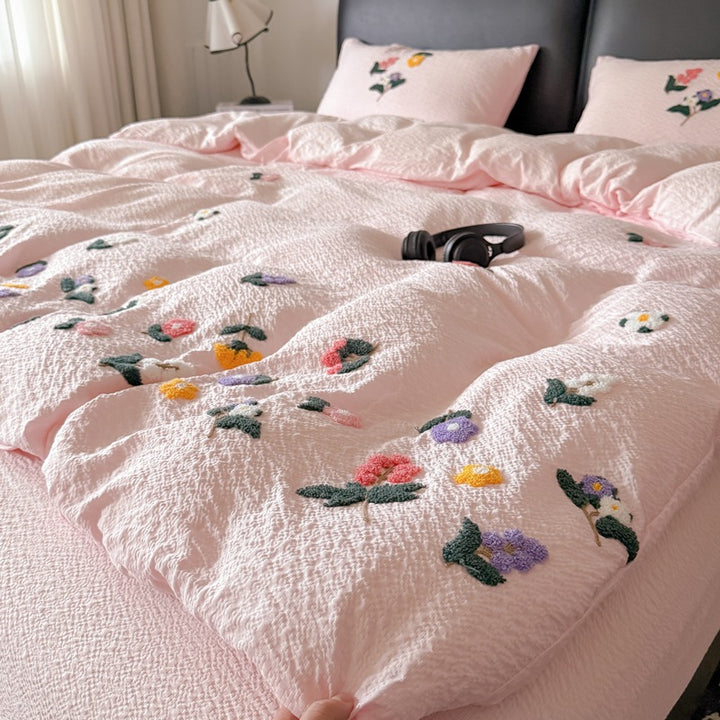 Textured Embroidered Floral Duvet Cover Set with Tufted Appliqué