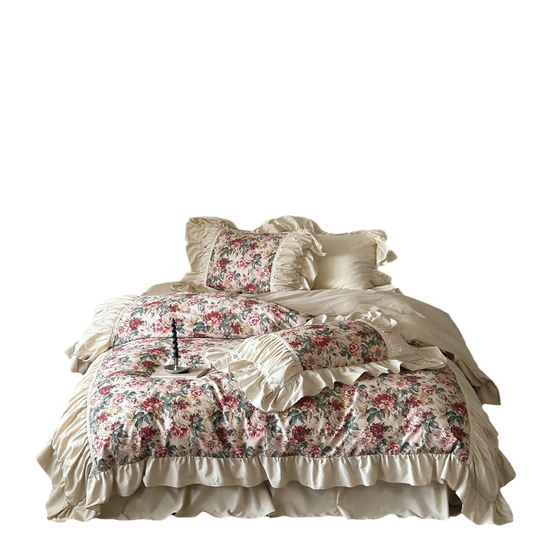 Romantic cotton satin bedding set with floral print, ruffle and decorative pillows