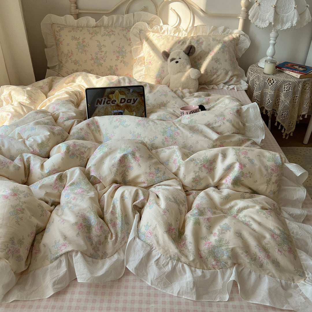 Romantic cotton satin bedding set with ruffled frills and fine floral pattern