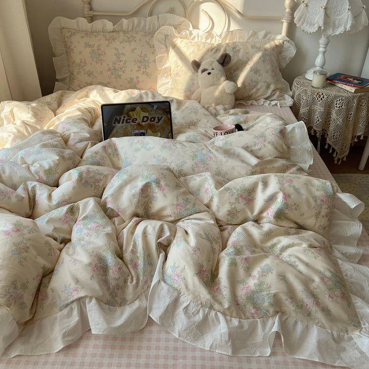 Romantic cotton satin bedding set with ruffled frills and fine floral pattern