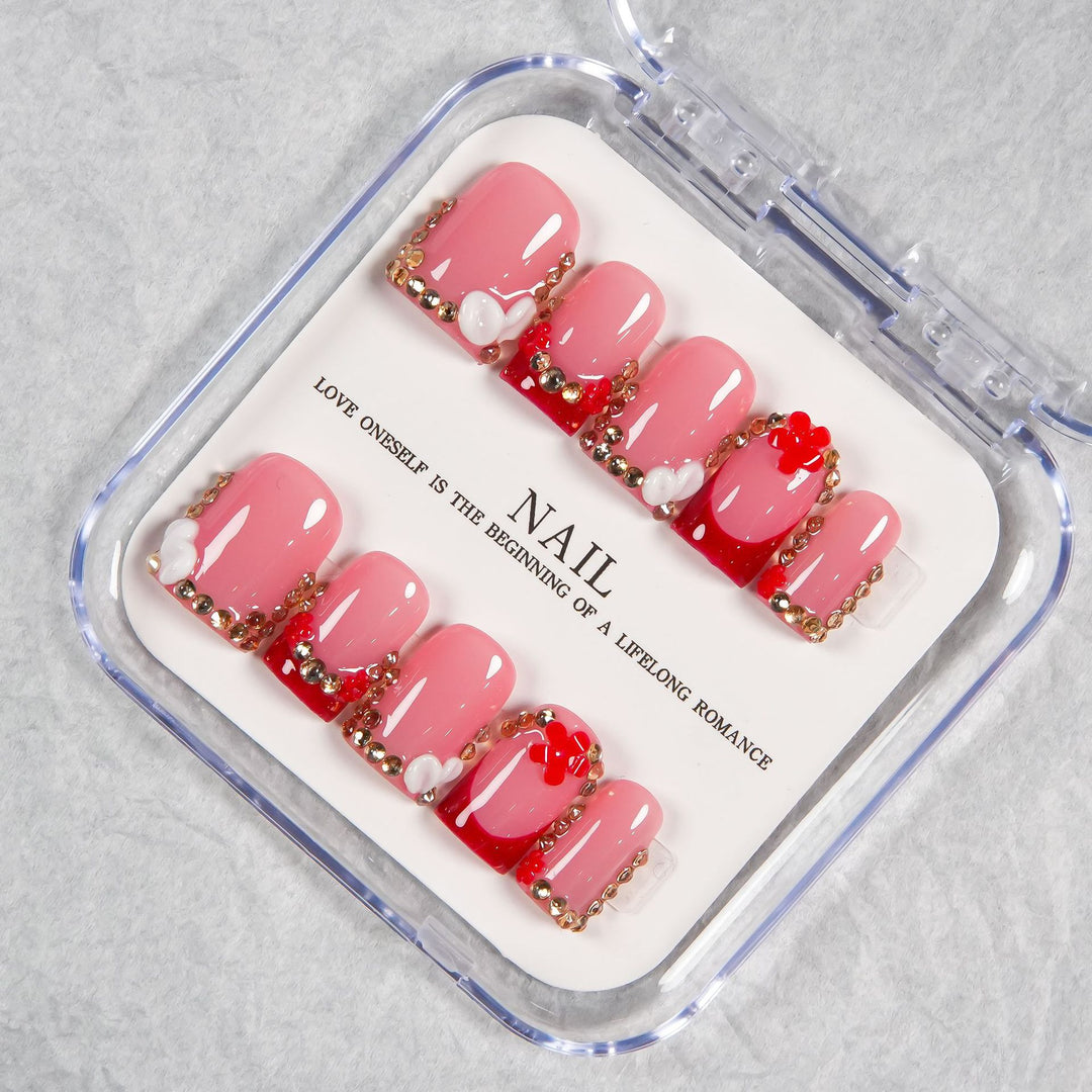 Decorative Press-On Nail Set with Crystal Accents