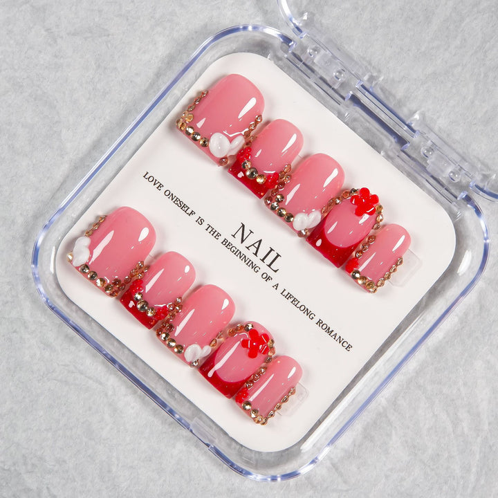 Decorative Press-On Nail Set with Crystal Accents