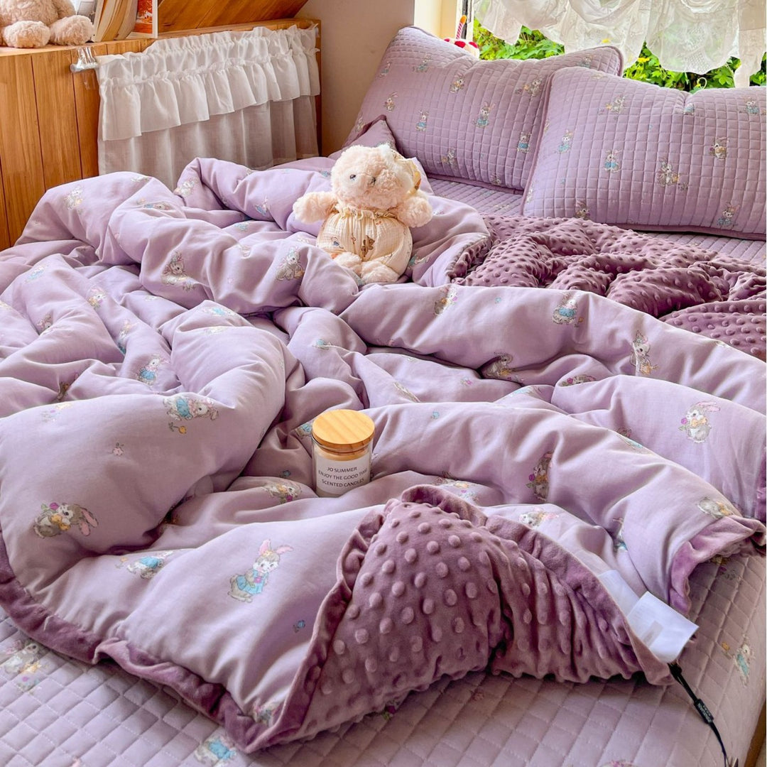 Children's Quilted Reversible Minky-Back Duvet Comforter Set with Ruffled Edge