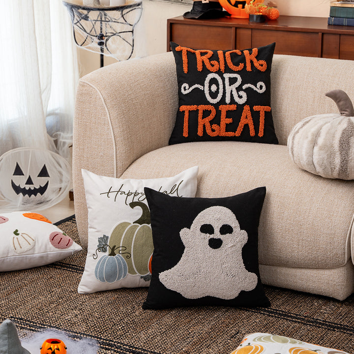 Embroidered decorative pillow cover with ghost tufting and hidden zipper