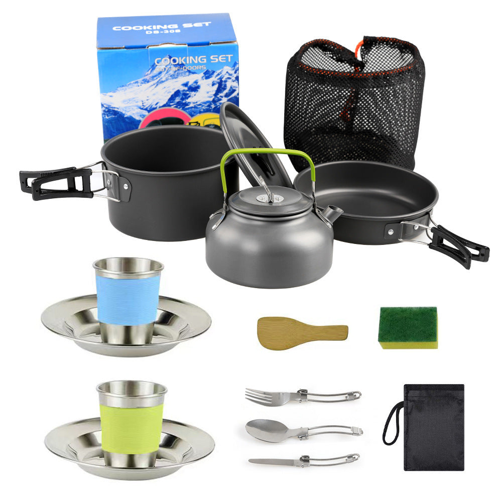 lightweight hard-anodized camping cookware set with folding handles compact kettle and stainless cup plates Stornfield