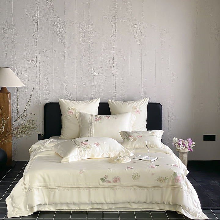 Silk-Blend Botanical Embroidered Duvet Cover Set with Satin Border & Decorative Shams