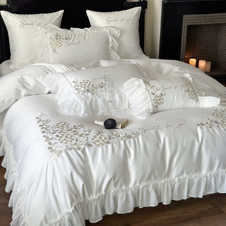 Romantic Ruffled Satin‑Feel Floral Appliqué Duvet Cover Ensemble