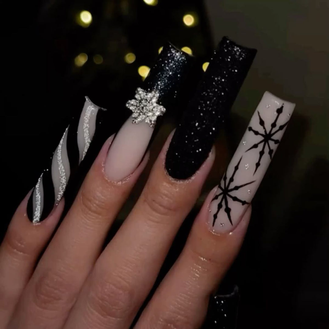 Decorative Stiletto Press-On Nails with Glitter and Snowflake Design Stornfield
