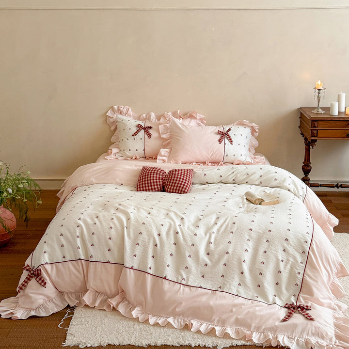 Ruffled Gingham-Trim Cotton Duvet Cover Set with Bed Skirt and Decorative Pillow Shams