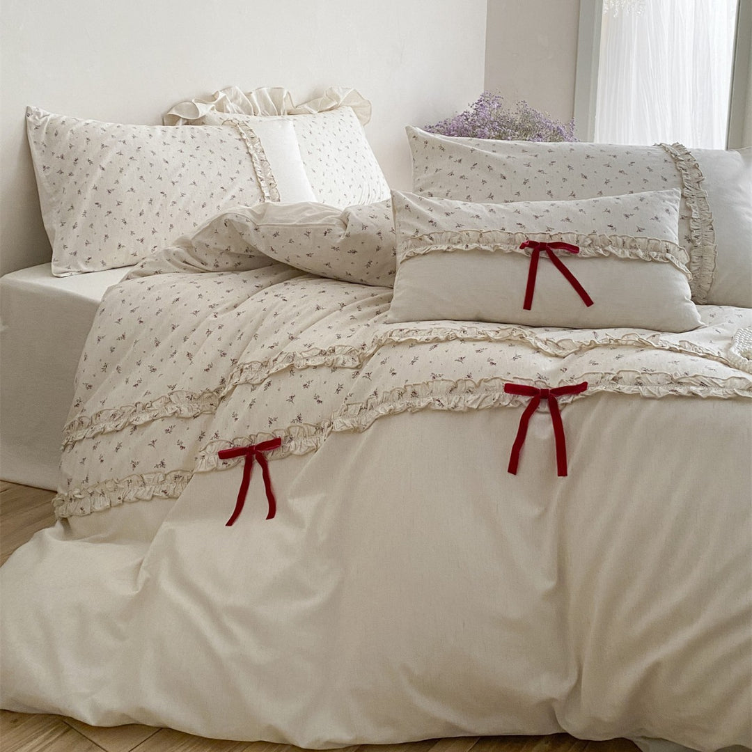 Ruffled Tiny Floral Cotton Duvet Cover Set with Red Ribbon Tie Accents