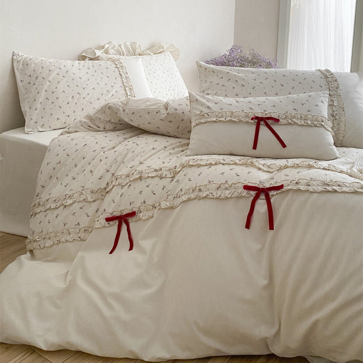 Ruffled Tiny Floral Cotton Duvet Cover Set with Red Ribbon Tie Accents