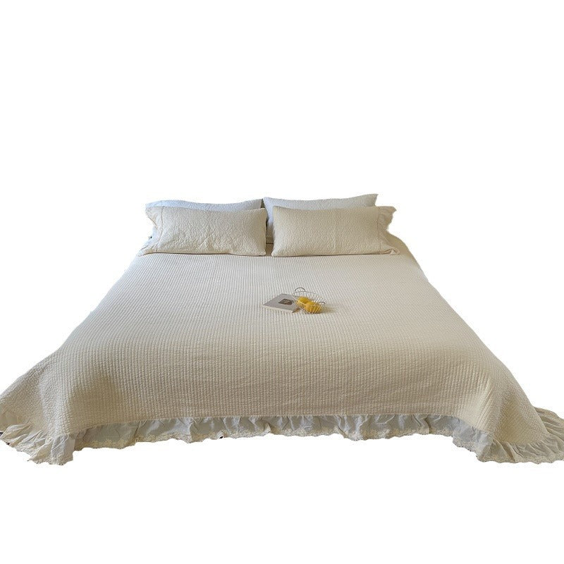 Quilted Washed Linen Bedspread Set with Frayed Lace Edge and Matching Pillow Shams