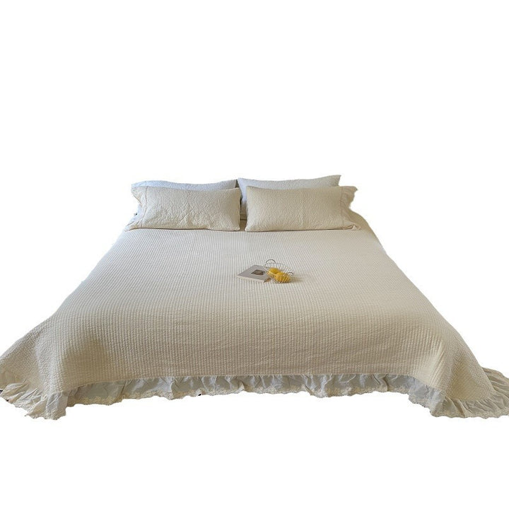 Quilted Washed Linen Bedspread Set with Frayed Lace Edge and Matching Pillow Shams
