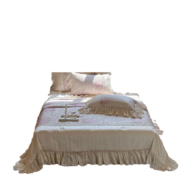 Ruffled satin pillowcase with flounce, lace border, and floral insert