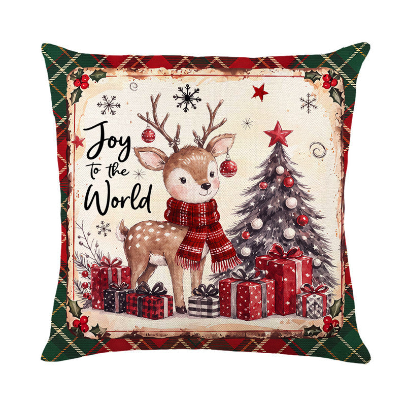 Festive Holiday Reindeer Decorative Square Pillow Cover with Plaid Border and Concealed Zipper
