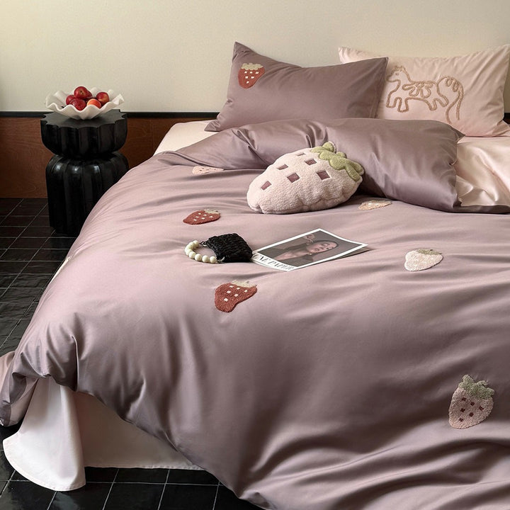 Silky Satin Strawberry Appliqué Reversible Duvet Cover & Pillow Sham Set