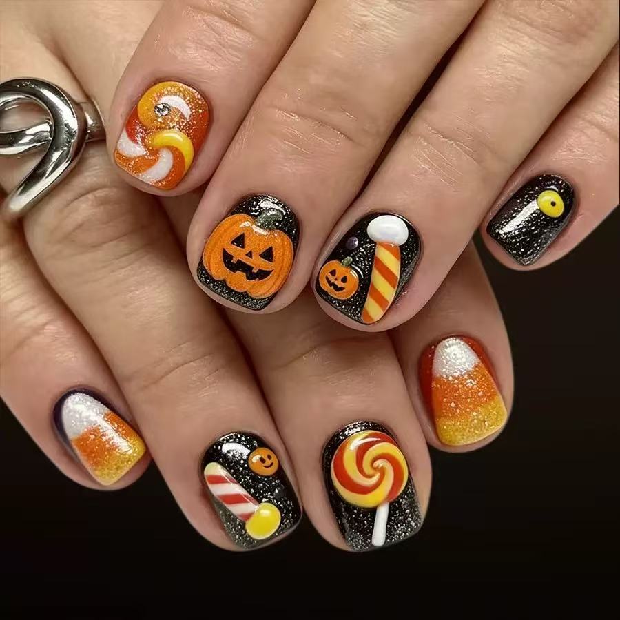 Halloween Fake Nail Set with playful pumpkin and candy motifs Stornfield