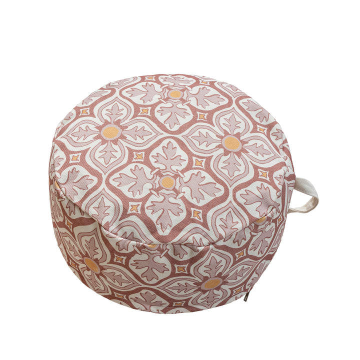 Round seat pouf with woven jacquard structure and practical carrying handle Stornfield
