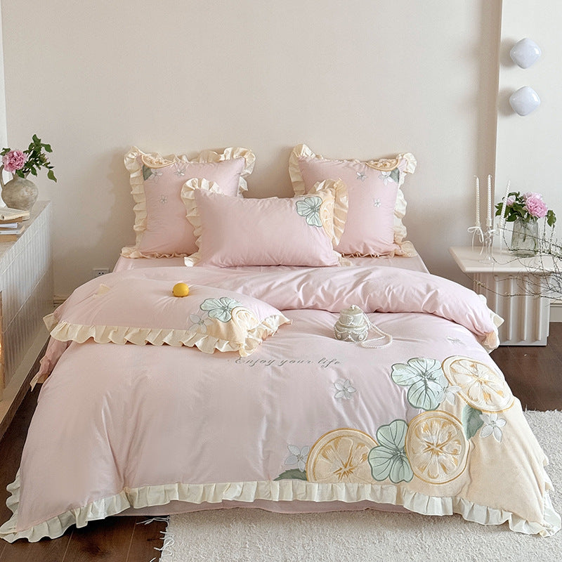 Ruffled Lemon Embroidered Duvet Cover Set with Decorative Shams
