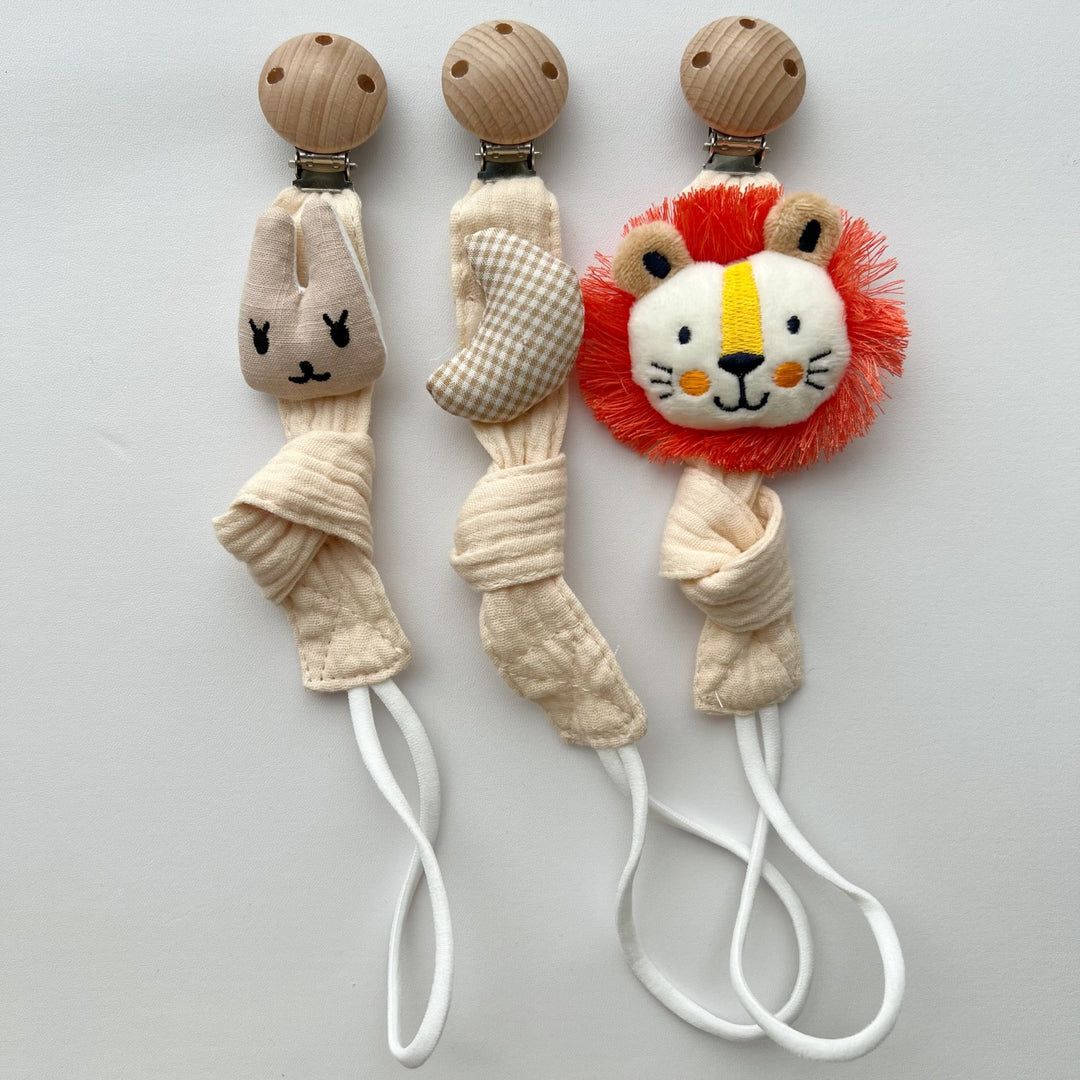 Wooden Clip Fox Plush Pacifier Holder with Knotted Muslin Strap