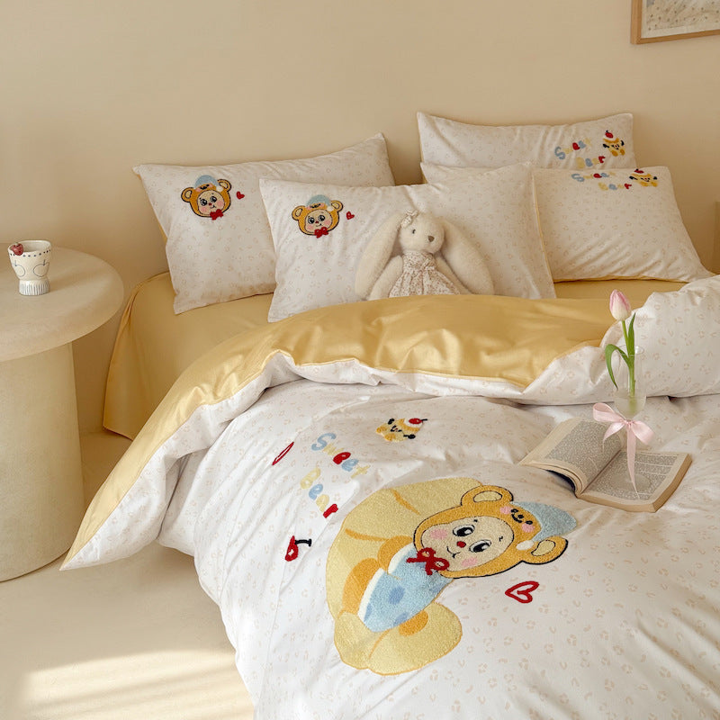 Cartoon Teddy Appliqué Cotton Sateen Duvet Cover & Sham Set