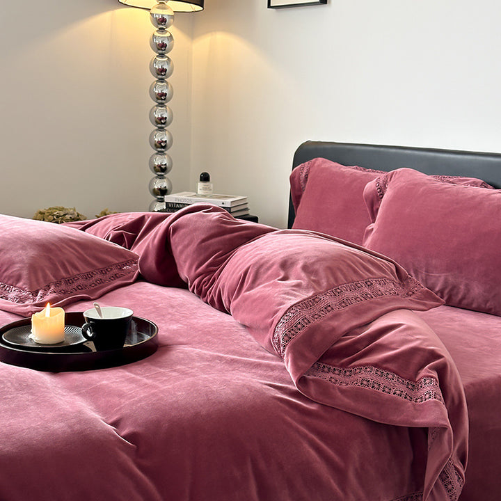 Luxury Brushed Velvet Duvet Cover Set with Lace-Inset Border
