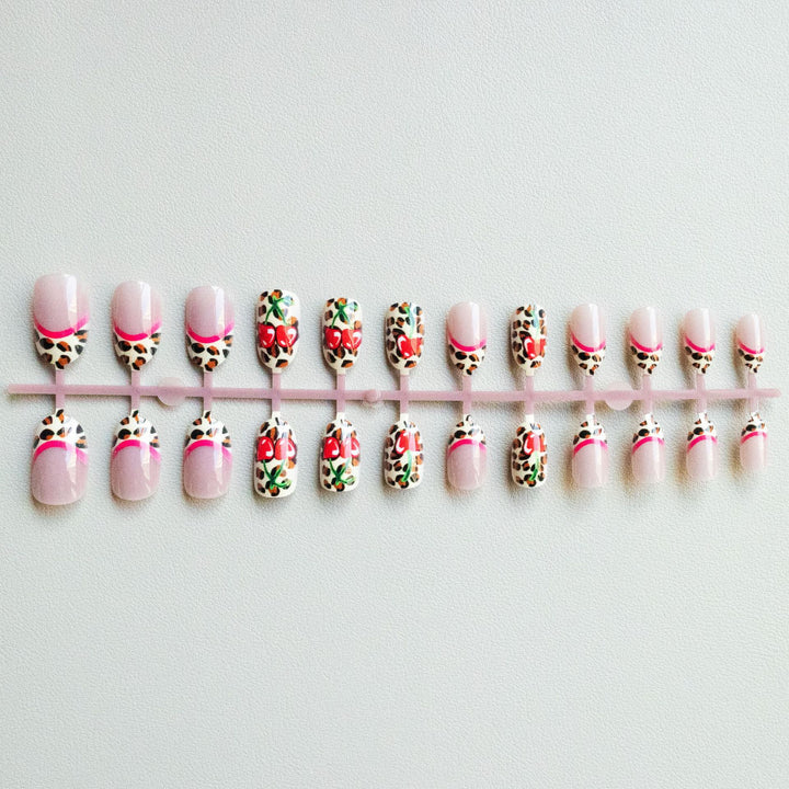 Artistic Leopard and Cherry Nail Art