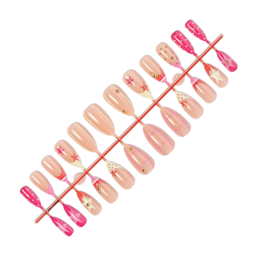Artificial nail set with creative geometric patterns and sparkling accents Stornfield