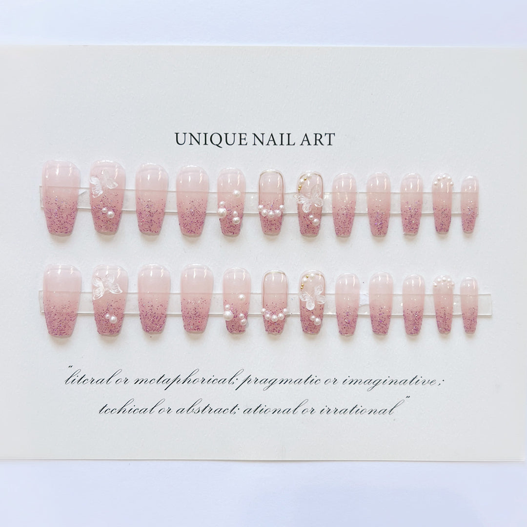Decorative Press-On Nail Set with Butterfly Design