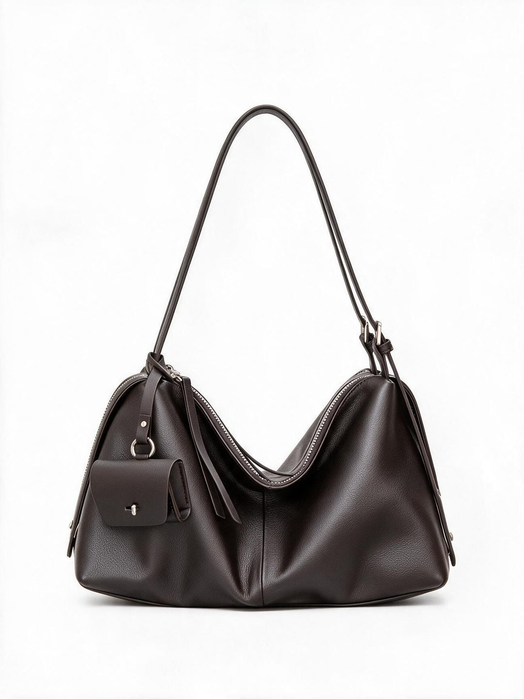 Slouchy Pebbled Hobo Shoulder Bag with Top Zip and Detachable Mini Pouch