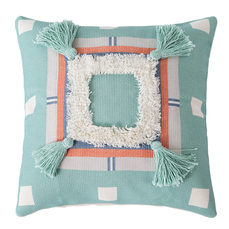 Square Boho decorative pillow with crocheted pom-pom and decorative corner tassels