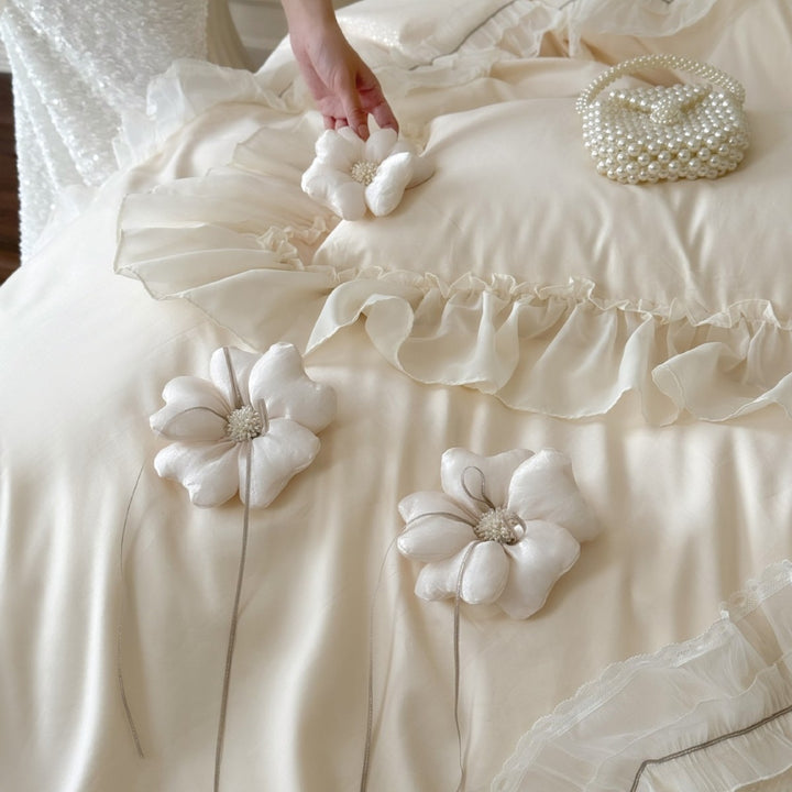 Romantic Ruffled Luxury Duvet Cover Set with Decorative Floral Appliqué Pillow