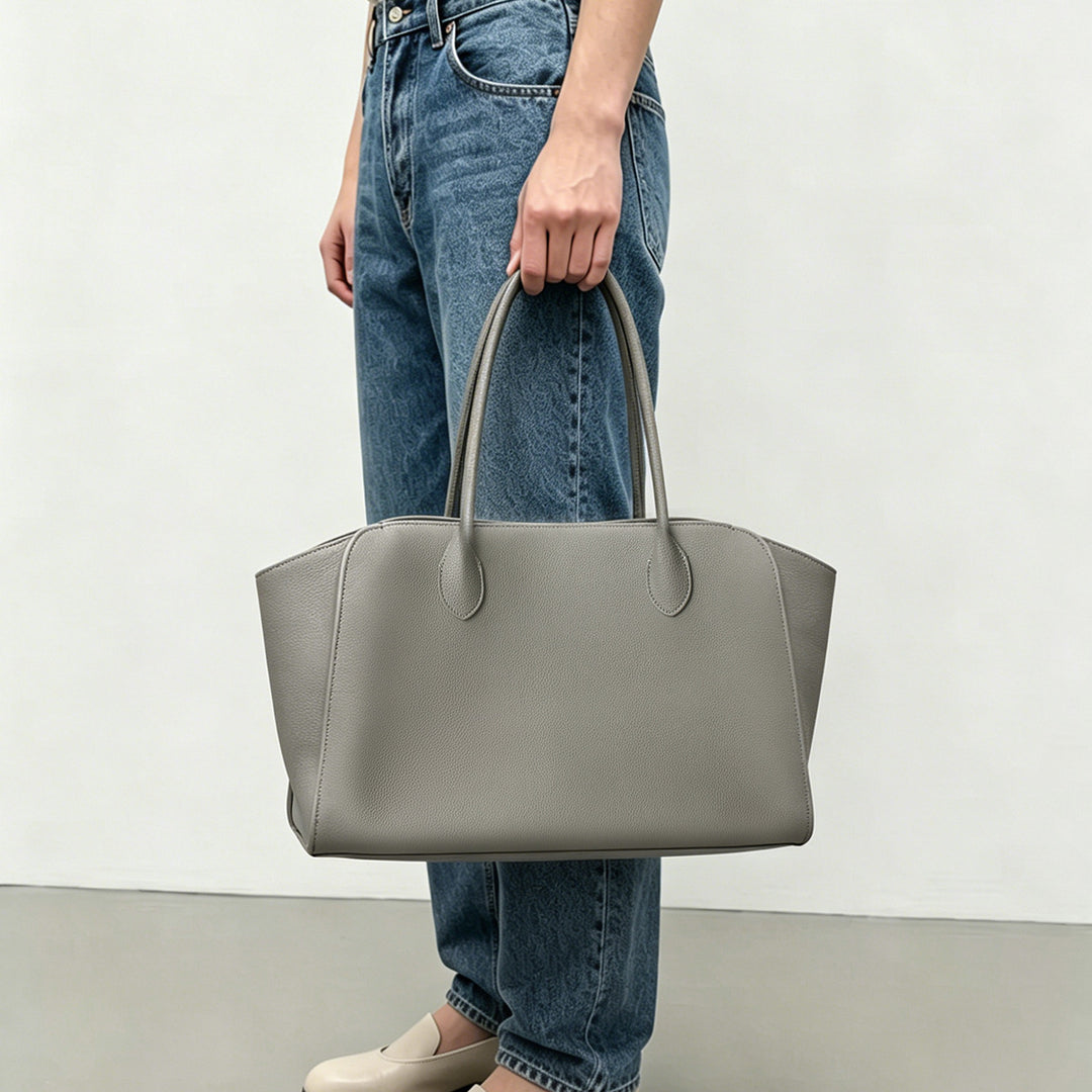Structured Large Leather Tote Handbag with Double Top Handles