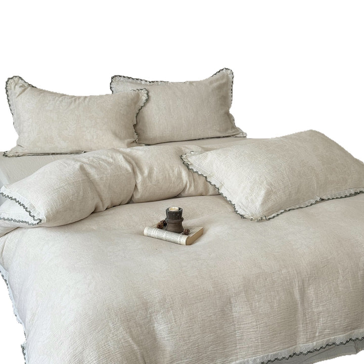 Washed Linen Duvet Cover Set with Scalloped Crochet Trim and Frayed-Edge Pillow Shams