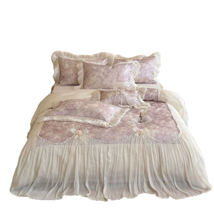 Romantic bedding set with ruffles, frills, and velvet look