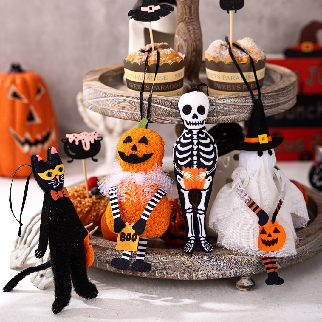 Halloween Hanging Decoration Plush Pumpkin with Tulle Collar and Ribbon Hanger